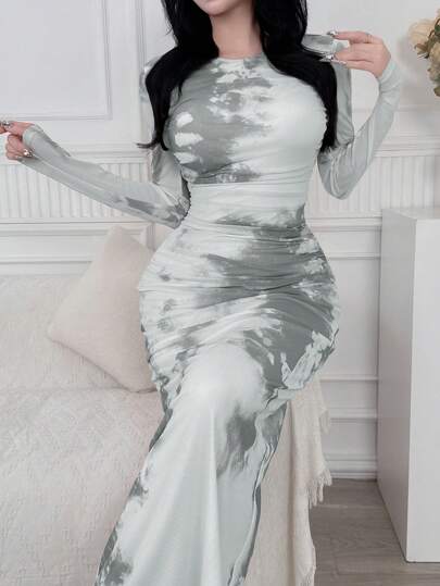 Feyla Elegant Tie-Dye Print Long Bodycon Dress For Women