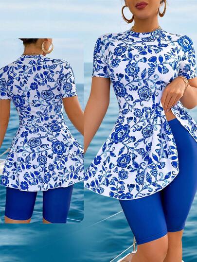 Swim Mulvari 2pcs Women Blue & White Flower Print Chinoiserie Short Skirt & Spaghetti Strap Bikini Set, Elegant Casual Outfit For Spring Summer Beach Holiday Party