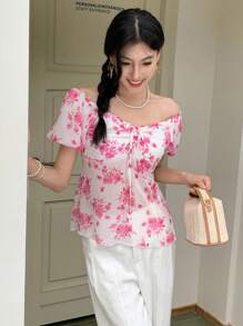 SHEIN LUNE Off-Shoulder Sheer Mesh Puff Sleeve Allover Print Summer Blouse - Hot Pink - View 4