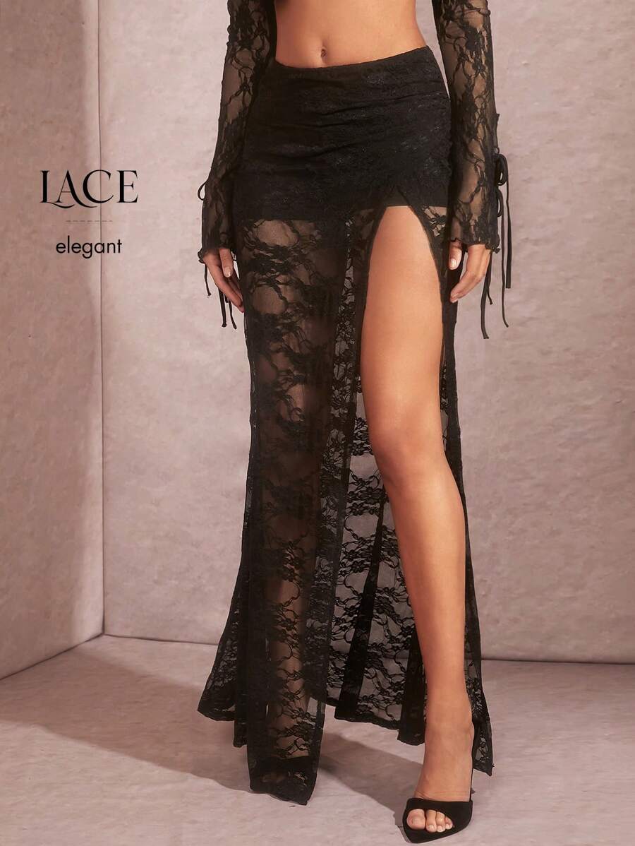 SHEIN BAE White Lace Sheer Sexy Skirt, Suitable For Date Night, Nightclub Party, Country Concert, Cross High Slit Mermaid Skirt, Rave Outfits, Summer Sexy Going Out Prom - Black - View 1