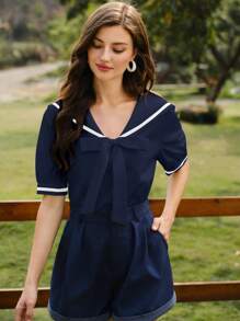 Vintamour Blusa elegante vintage para mujer, estilo marinero con contraste de color y lazo, casual para vacaciones, primavera/verano - Azul Marino - Ver 4
