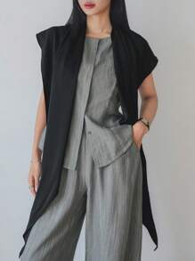 Dazy-Less 1 件女士缎面素色优雅披肩腰带，休闲商务通勤约会装 - 黑色 - 查看 3