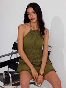 Roylia Fashionable Cotton Pleated Ruffles Halter Romper - Army Green - View 5