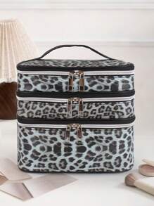 N_Standard Bolso de maquillaje grande de 3 capas con estampado de leopardo, estilo Y2K, multiusos, para verano
