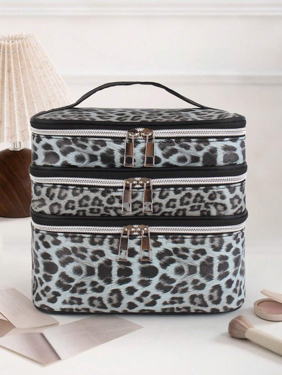 N_Standard Bolso de maquillaje grande de 3 capas con estampado de leopardo, estilo Y2K, multiusos, para verano