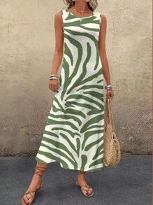 EMERY ROSE 休闲简约绿色不对称印花图案女式连衣裙，适合夏季度假，波西米亚风度假连衣裙，时尚休闲款 - 彩色 - 查看 6