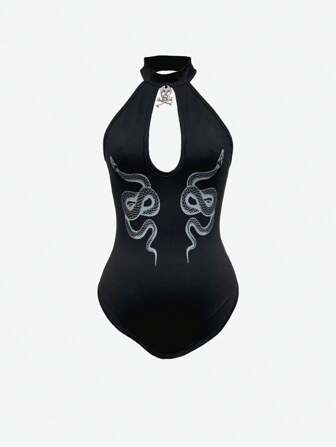 Goth Conjuntos de ropa de playa estilo gótico de verano para mujer con estampado de piel de serpiente, colgante de calavera y body de espalda descubierta con escote en V profundo