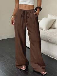 FavEase Pantalones casuales de verano para mujer de unicolor con cintura elástica, cordón y bolsillos