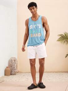 Manfinity VCAY Men's Lightweight Knitted Casual Beach/Vacation Hawaiian Coconut Tree & Letter Print Surfing Vest Beachwear, Summer