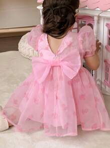 Baby Girl Ditsy Floral Chiffon Puff Sleeve Bow Decor Dress - Pink - View 1