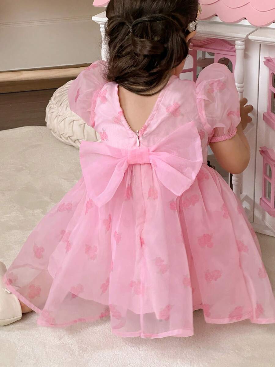 Baby Girl Ditsy Floral Chiffon Puff Sleeve Bow Decor Dress - Pink - View 1