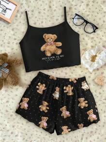 SHEIN Leap Crew Tween Girls Casual Simple Fitted Camisole Top And Shorts Pajama Sets, Suitable For Summer