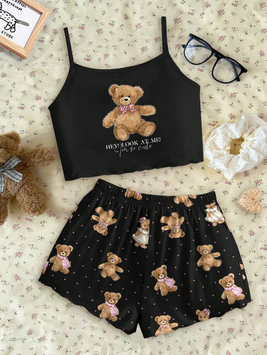 SHEIN Leap Crew Tween Girls Casual Simple Fitted Camisole Top And Shorts Pajama Sets, Suitable For Summer