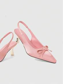 ROMWE Kawaii 女士粉色可爱蝴蝶结小猫跟凉鞋时尚尖头性感金色方跟松紧带简约高跟女鞋 - 粉色 - 查看 4