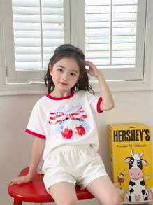 Young Girl Cherry Bow & Independence Day Print Patchwork T-Shirt - Red - View 3