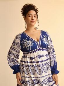 CAJUNI Vacation Casual Tropical Blue Floral Print Deep V-Neck Backless Tie-Up Lantern Sleeve Ruffle Hem Maxi Dress, Plus Size - Blue and White - View 4