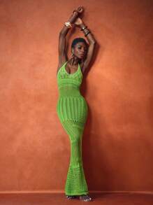 Zivah 2025新款夏季休闲度假沙滩裙日常约会海滩派对挂脖吊带深V领性感包臀裙长裙绿色钩针裙女毛衣裙