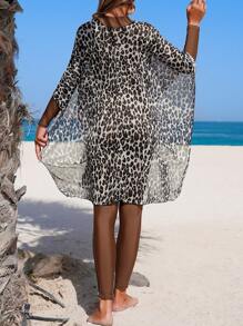 Swim Shayni Women's Brown One-Piece Swimsuit With Leopard Print Cover-Up, Full Body Muslim Modest Beach Swimwear, Middle East Style Conservative Casual 2pcs Swimsuit Set For Summer Beach Vacation - Multicolor - View 2