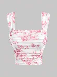 Girlism Chaleco elegante y encantador de ajuste ceñido con cuello cuadrado, estampado floral rosa y blanco, plisado, para adolescentes, ropa de otoño, ropa de Halloween, top de Renacimiento, Feria del Renacimiento