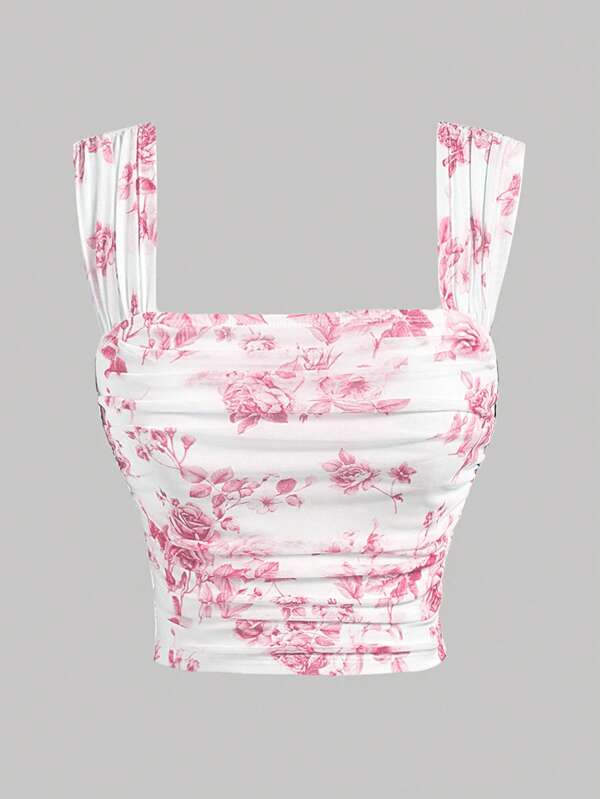 Girlism Teenager Mädchen rosa und weißer Blume Muster schmal geschnittenes plissiertes elegantes Charm Weste mit quadratischem Ausschnitt, Herbstkleidung, Halloween Kleidung, Renaissance Top, Renaissance Jahrmarkt