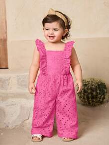 SHEIN Newborn Baby Girl Cute Ruffled Embroidered Jumpsuit, Summer - Pink - View 3