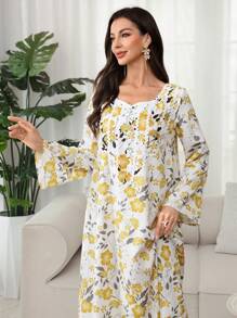 Al Najma 女式甜心领喇叭袖花卉印花阿拉伯风格长裙，端庄 - 彩色 - 查看 6