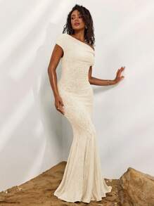 Opulessa Solid Color Knit Oblique Shoulder Fishtail Slim Fit Dress For Women, Elegant Bodycon Dress, Summer Beach Outfits, New Year Look, Thanksgiving Outfits, Elegant Dresses Party, Luxury Evening Dresses For Weddings - Apricot - View 2