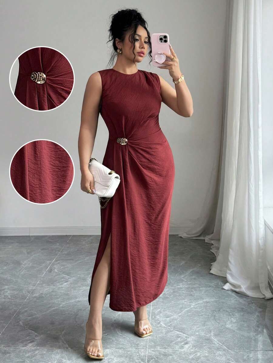 Elenzga Vestido midi monocromático para mujeres de talla grande con cuello redondo, recogido en la cintura, decoración de hebilla metálica y diseño simple, elegante y casual para uso diario, trabajo, vacaciones y té por la tarde en primavera/verano
