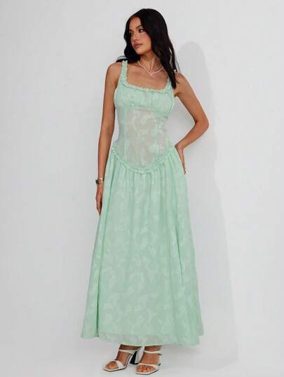 Roylia Women's Elegant Romantic Jacquard Solid Green Sexy Long Slit Slip Dress With Ruffle Hem