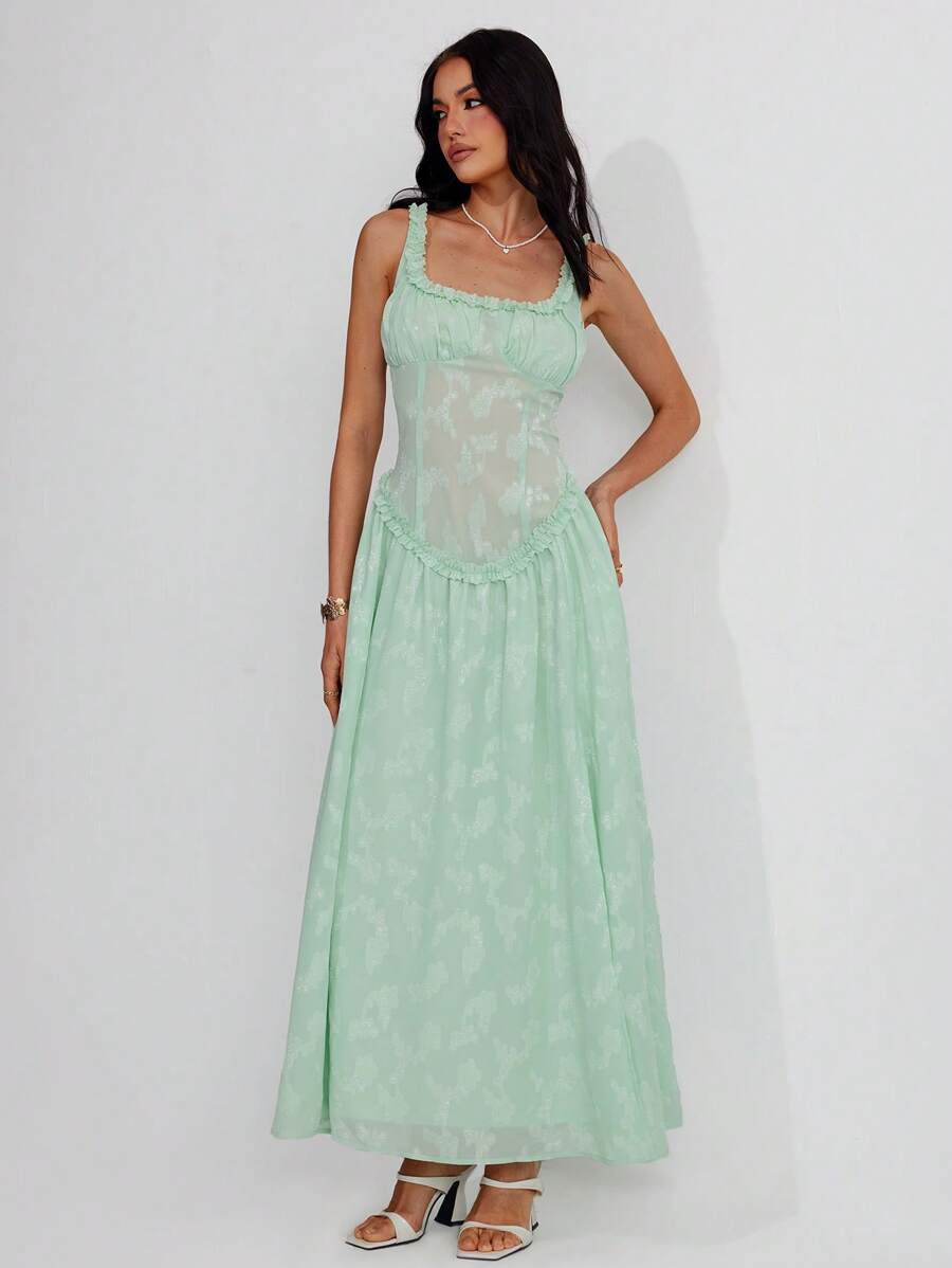 Roylia Women's Elegant Romantic Jacquard Solid Green Sexy Long Slit Slip Dress With Ruffle Hem - Green - View 1