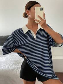 Livesso 女士休闲条纹印花短袖T恤，适合秋季穿着