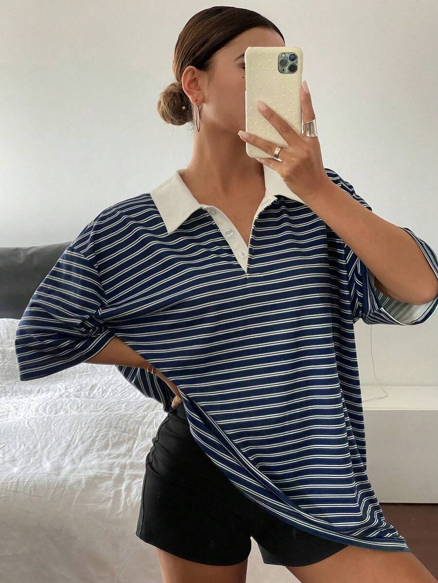 Livesso 女士休闲条纹印花短袖T恤，适合秋季穿着