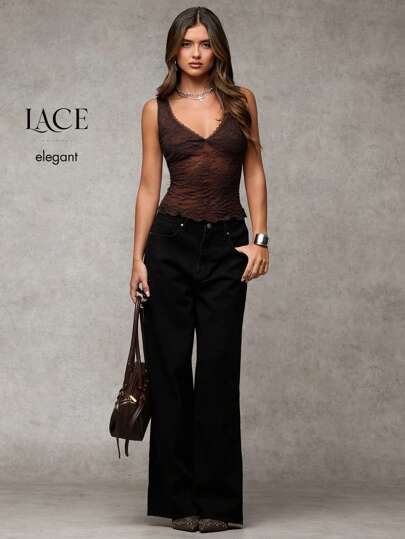 SHEIN BAE Women's Sexy Solid Color See-Through Mesh Sheer Tank Top