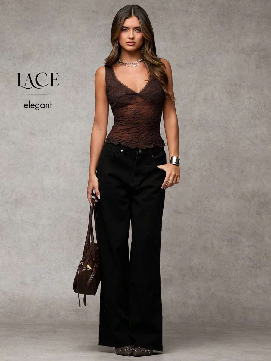 SHEIN BAE Women's Sexy Solid Color See-Through Mesh Sheer Tank Top