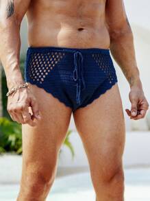 Manfinity Swimmode Quần lót dệt kim rỗng màu trơn cho nam đi biển và ngày lễ - Xanh đậm - Xem 5