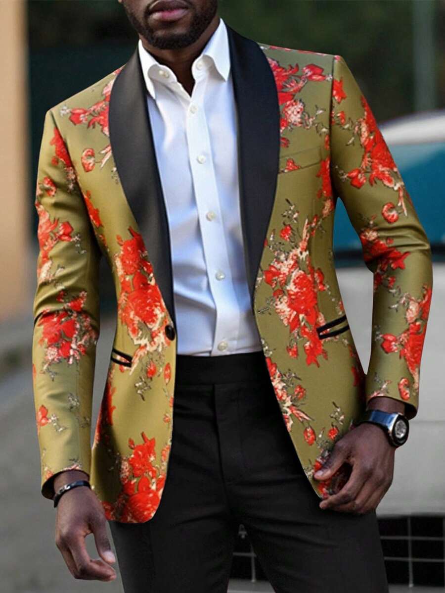 Calvornis Chaqueta de traje formal con ajuste ceñido y estampado para hombre, traje de moda para artista de escenario/cantante, versátil y casual - Rojo - Ver 1