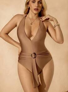 Elaquor Plus Size Solid Color Ruched Halter One-Piece Swimsuit - Yellow - View 2