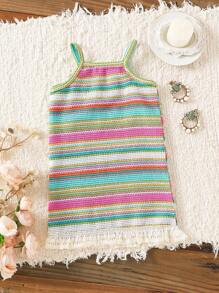 SHEIN Vintaside Kids 女婴时尚彩色条纹针织吊带连衣裙 - 粉色 - 查看 3
