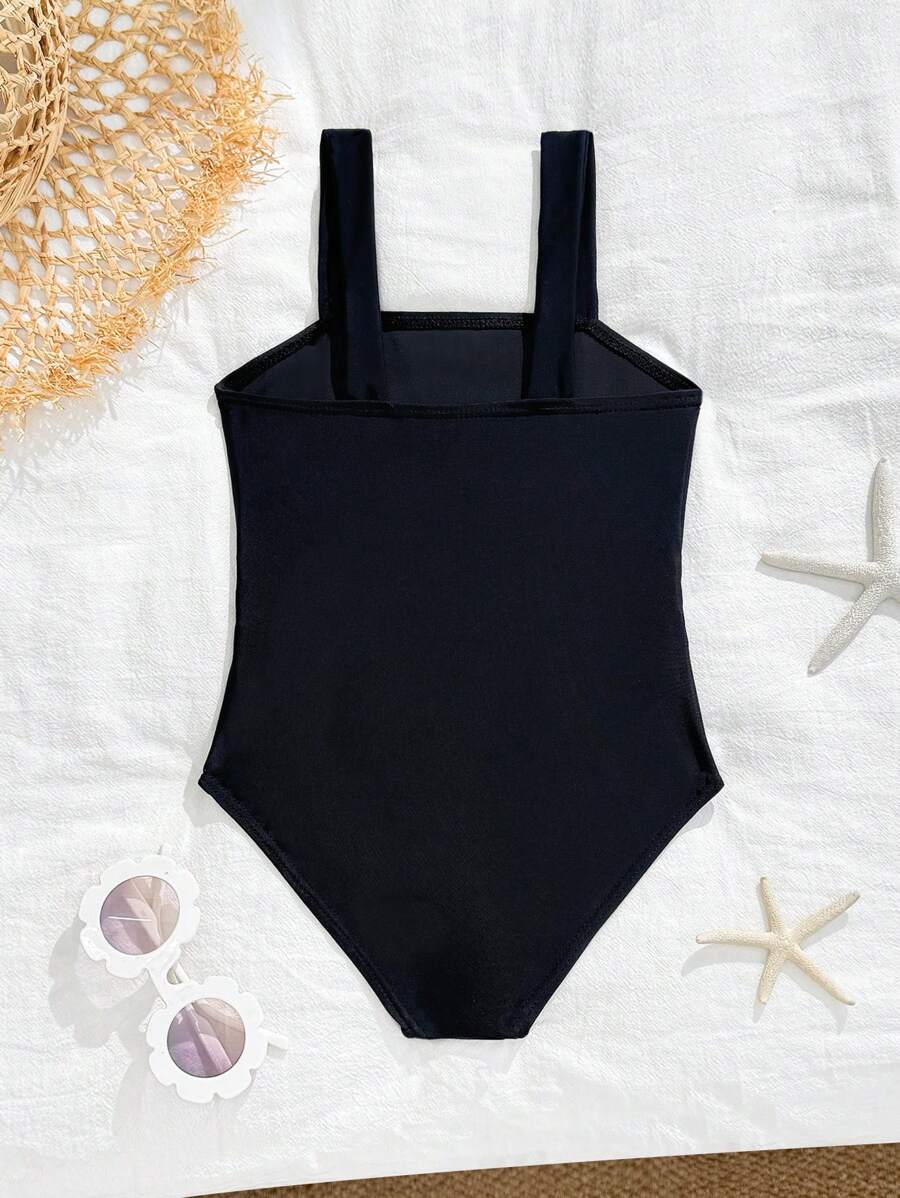 Sparklyn Young Girl Black And White Hollow One-Piece Swimsuit For Beach/Vacation - Black - View 1