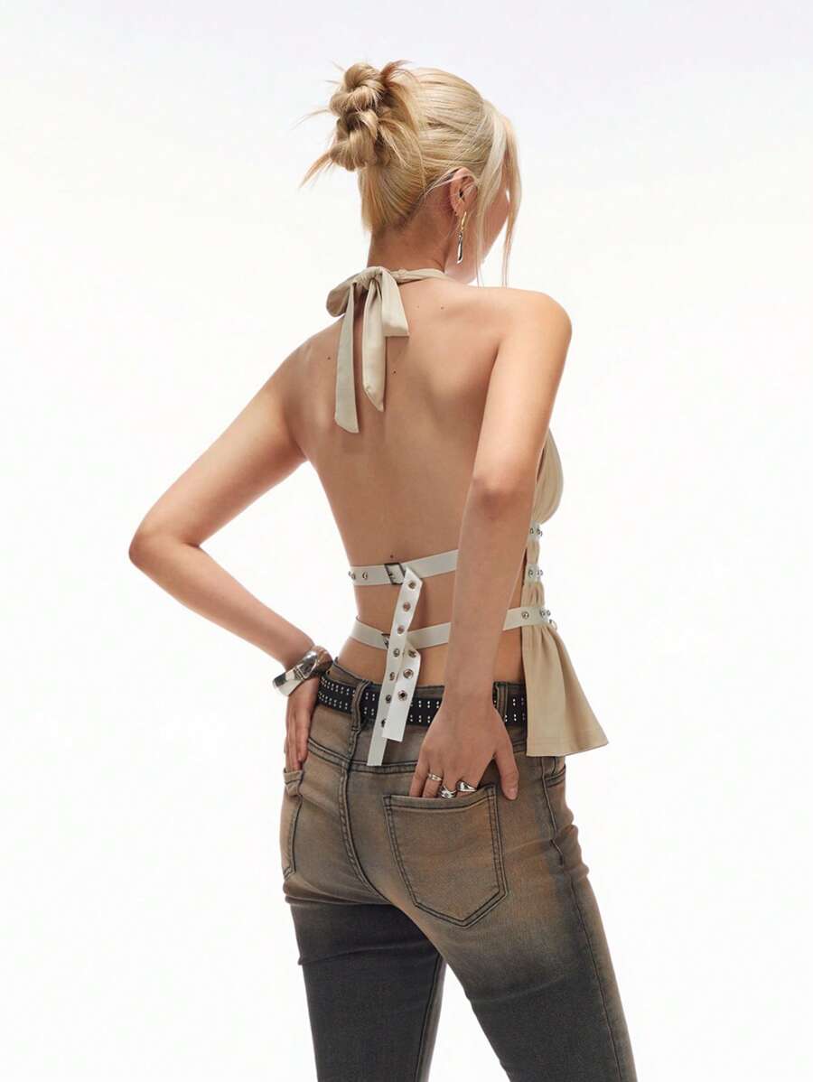 LYSMO 女士挂脖系带浅黄色腰带扣上衣 - 2025 春夏新品 - 黃色 - 查看 1