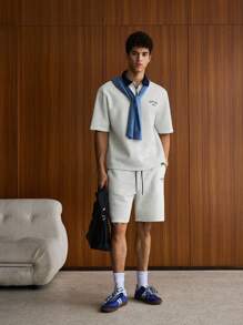 SWAVVY 2 件男士针织休闲日常年轻宽松短袖 Polo 衫和松紧腰直筒短裤套装，学校 - 灰色 - 查看 2
