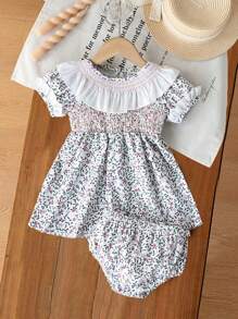 婴幼儿女童复古碎花宫廷风荷叶边领泡泡袖连衣裙和印花短裤两件套，适合度假、拍照、下午茶、派对、夏季装 - 彩色 - 查看 3