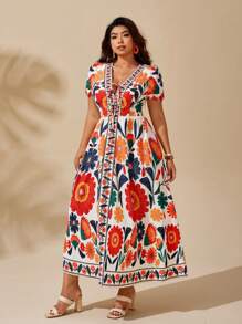 Sunserae 时尚休闲夏日度假法式复古V领蝴蝶结泡泡袖花卉印花连衣裙 - 彩色 - 查看 5