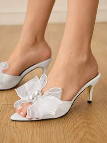 CUCCOO HITCHD Women's Pointy Toe High Heel Sandals With 2 Pearls & Mesh Bow Decor, Elegant & Romantic, Ideal For Wedding, Party Or Bridal, White - White - View 10