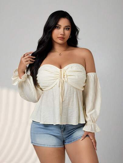 SHEIN ICON Plus Size Ruched Tie-Front Bowknot Off-Shoulder Lantern Sleeve Babydoll Blouse, Suitable For Summer