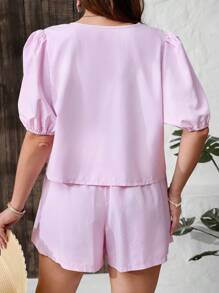 SHEIN VCAY 2pcs Plus Size Striped Puff Sleeve Tie Blouse And Casual Shorts SetSummer Outfits For Women