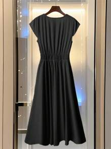 SHEIN Unity 大码女式 V 领盖袖纯色黑色夏季礼服