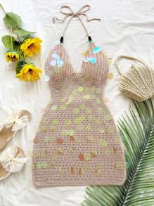 Soleia 女士性感度假细肩带木珠和仿鱼鳞装饰迷你毛衣裙，适合派对、婚礼、节日、约会、下午茶、音乐节、海滩、夏季、波西米亚风、度假、钩针编织、亚麻布， - 杏色 - 查看 3