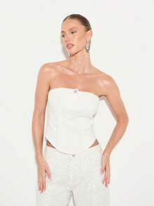 KIZN Strapless Denim Corset Top Structured Bustier White Design Fashion Summer Festival Party Club Night Out Modern - White - View 1