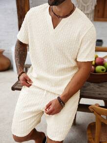 Manfinity Homme Plus Size Men Summer Casual Solid Textured Knit Notched Neck Short Sleeve T-Shirt And Shorts Set - Apricot - View 7